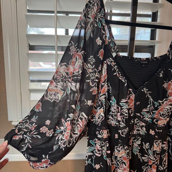 Torrid Size 4X Shirred Bodice Chiffon Maxi Dress Black Floral Dark Fairy Grunge - Picture 4 of 8